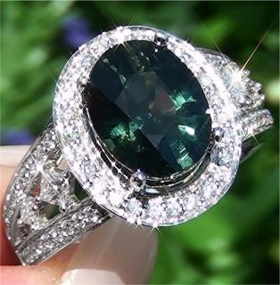   13 ct Natural VS Green Sapphire Diamond Engagement Ring 14k White Gold