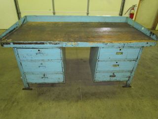 Vintage Steel Industrial Workbench w/72x36 Butcher Block 6 Drawers 34 