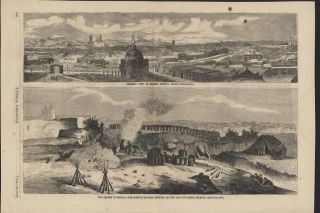 French in Mexico City of Puebla panorama 1863 Harpers antique engraved 