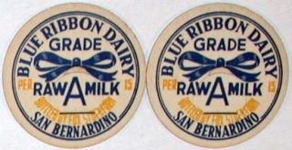 Pair of old milk bottle caps BLUE RIBBON DAIRY ribbon pictured San 