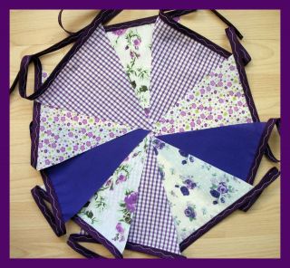  FLORALS & PURPLE GINGHAM FABRIC BUNTING 10FT/3MTR NEW FREEPOST UK