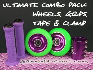 Purple Green Metal Core Scooter Wheels x2 + Clamp + Purple Grips 