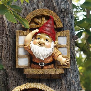 Tree Window Red Gnome Garden Shed Barn Decor Welcome Knothole Gnomes 