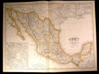 Map of Mexico 1892 scarce large antique detailed color map