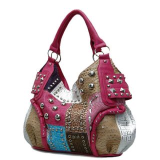 Designer Inspired Patchwork Studs Style Hobo Handbag Purse New Pink