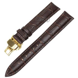   Grain Leather Push Button Gold Deployment Clasp Watch Band Strap Brown