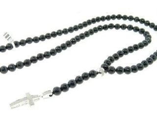   Diamond Rosary Necklace Chain Black Onyx Beads Diamond Cross 1 ct