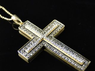 14K Yellow Gold Genuine Real Brown and White Diamond Cross Pendant and 
