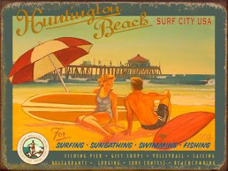 Huntington Beach Surf City Metal Sign, Ocean, Pier, Beach, Den or 