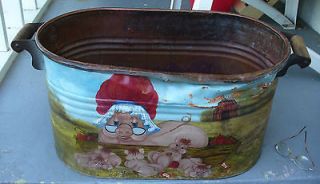 Vintage COPPER WASH POT Boiler Canner Wood Handles w/ Painted Pigs on 