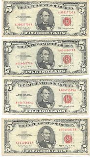 LOT OF 4 1963 RED SEAL 5 DOLLAR BILL (H) GOOD CONDITION