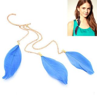   Fashion Gold Blue Feather Chain Tassel Ear Cuff Earring Hook On 1 PC