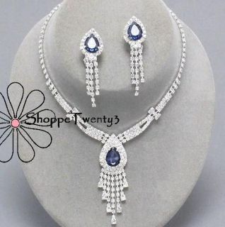 CLIP On Earring Celebrity Inspired Tennis Necklace Set Blue Bridal 