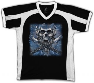   Skull Mens V Neck Sport T Shirts Electric Guitar Headphones Speakers