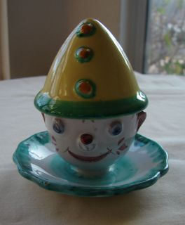 Cute 1950s Vintage Ceramic Clown Egg Cup With Hat Lid, Unmarked, Italy 