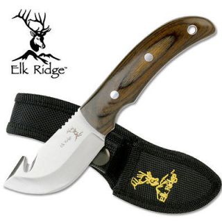 ELK RIDGE 6 3/4 GUTHOOK HUNTING KNIFE WOOD HANDLE w/ SHEATH FULL TANG 