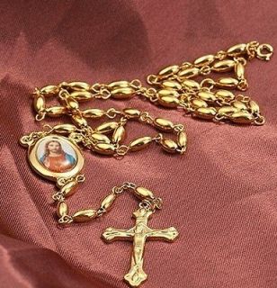 Classic 9K Real Gold Filled Rosary Pray Bead Jesus Cross Necklace 60cm