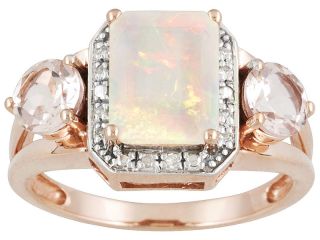   Emerald Cut Opal, Pink Peach Morganite & Diamond 10k Pink Gold Ring