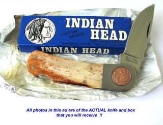 1980 TAYLOR / Elk Horn Japan INDIAN HEAD Folding Knife Bone handles IN 