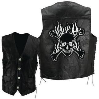 Mens Leather Motorcycle Biker Riding Vest w/Flaming Skull patch~M 2XL 
