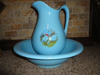   Blue with geese and babys. Wash Basin & Pitcher. very large 1988 Eva