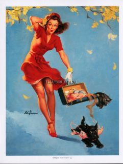 Elvgren Pin Up Girl Art Lithograph Finders Keepers Terrier 12x15