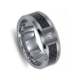   MENS TUNGSTEN CARBON FIBER INLAY 1 SIMULATED CZ WEDDING RING SIZE 9