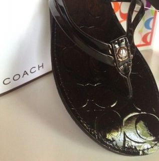 COACH Black Patent Leather Flip Flop Sandal Juney Signature Shoe 9 M 