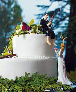 Hooked on Love Fishing Groom with Reaching Bride Wedding Cake Topper