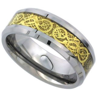   8mm Tungsten Gold Finish Celtic Dragon Comfort Fit Band Ring Sz 9 13.5