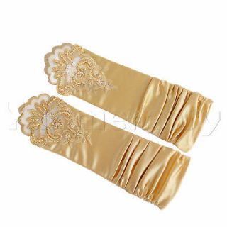   Satin Lace Rouch Fingerless Wedding Bridal Gloves Elbow Length