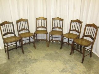 Antique Set of 6 Dark Walnut Dining Chairs w Cane Seats & Spindles 