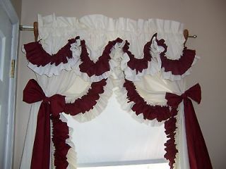 Country Priscilla ruffled curtain & Valance white /burgrundy 200x 72 