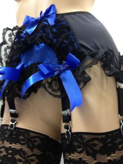   Blue Romany Harlot, Satin Frilled 6 Strap Suspender/Garter Belt, New