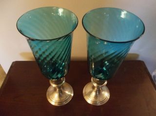   Weighted Sterling Silver GORHAM # 661 & Turquoise Glass Candle Holders