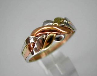Tri Color Gold 14k Solid 4 Band Turkish Puzzle Ring   Sizes 4 8 plus 