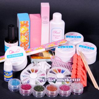 PRO UV GEL NAIL KIT + 6 Powders Glues FILE BLOCKS Primier Tips kits 