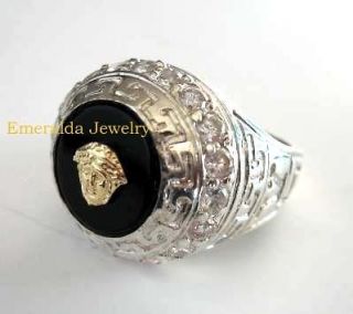  Onyx 10K Gold Medusa Head Versace Style 925K Sterling Silver Ring 