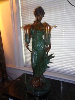 Bronze Art Nouveau Maiden Dual Lamp Poly chromed August Moreau Hand 