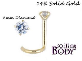 14k SOLID GOLD NOSE STUD GENUINE REAL 2mm DIAMOND SCREW 20g