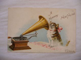 Phonograph Gramophone Postcard   Happy New Year Cat Kitty   8