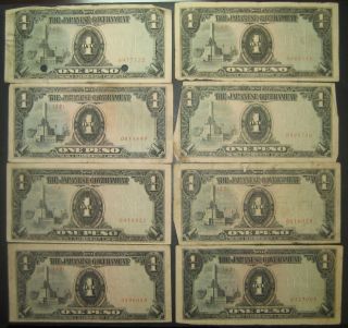 One lot of 8 Japanese Government One Peso Paper Notes SKU 1209254