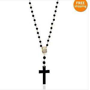   Fashion black beaded hot jesus Cross Gold Band Ring Pendant Necklace