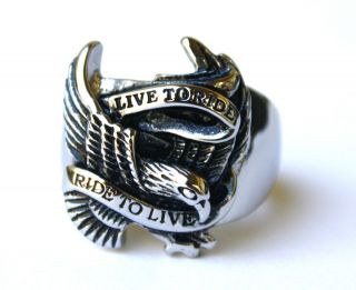 Harley Biker Hawk Eagle Live to Ride Stainless Steel Ring