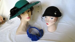   Ladies Hats Green Wool Picture Hat, Blue Velvet Halo,Black Wool 50s
