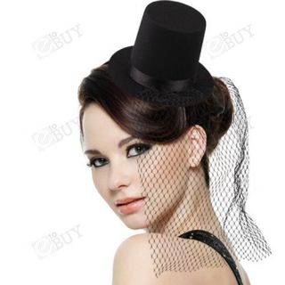 Black Mini Top Hat Veil Clips Party Lolita Cosplay Goth Fancy Dress