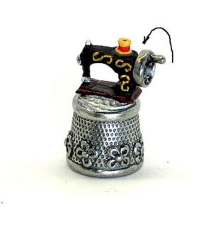 Sewing Machine atop Pewter thimble   Handle turns Hand painted 