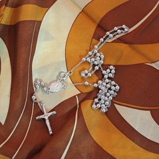 Sterling Silver 925 Mens Rosary Chain, Cross and St.Maria Necklace 
