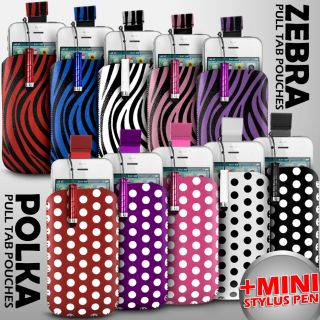 Leather Polka & Zebra Pull Tab Case + Mini Stylus For Various 