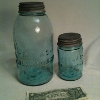 Set Of 2 Vintage Blue Atlas Strong Shoulder Mason Jars w/zinc Lids  NR 